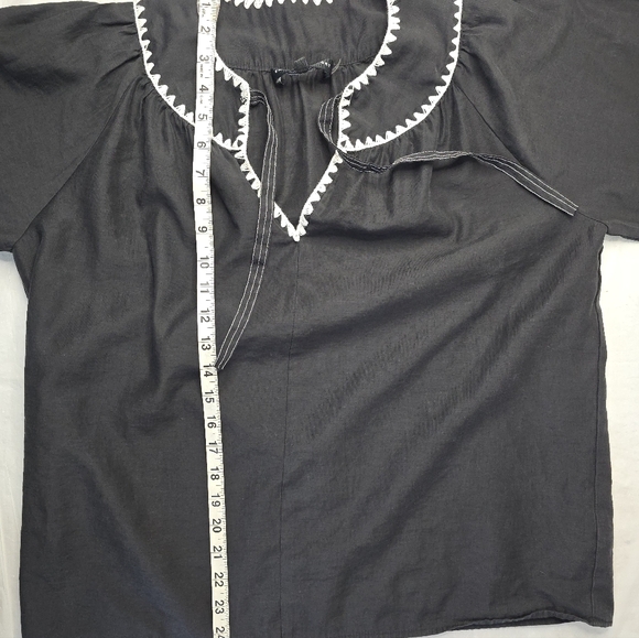 English Factory Peasant Top Black White Artsy Embroidered Trim Boho Folk Blouse - Picture 11 of 12